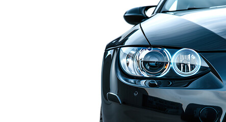 Closeup on the headlight of a generic and unbranded black sport car on a white background
