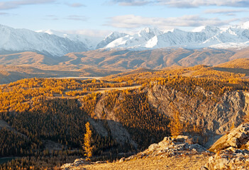 Picturesque view of the Kurai steppe and the snow-covered North Chui ridge in the early morning, Altai, Russia