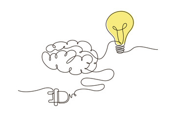 Single continuous line symbol of light bulb with brain and plug  vector illustration. One line drawing education, innovation, creative concept. Design for poster, card, label