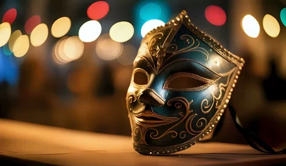 Zelfklevend Fotobehang A mask from the Carnival of Venice with lights in the background in bokeh. © Jason Yoder