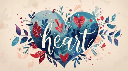 An illustrated heart filled with colorful foliage and the word "heart" at the center