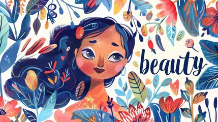 Illustration of a whimsical character surrounded by colorful flora with the word "beauty