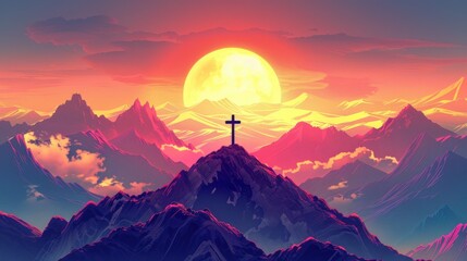 A cross stands atop a mountain under a striking sunrise