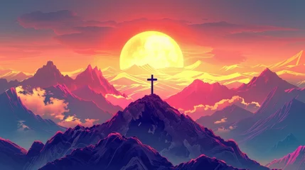 Fototapeten A cross stands atop a mountain under a striking sunrise © StasySin