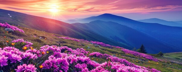 Mountain valley with colorful wildflower meadow