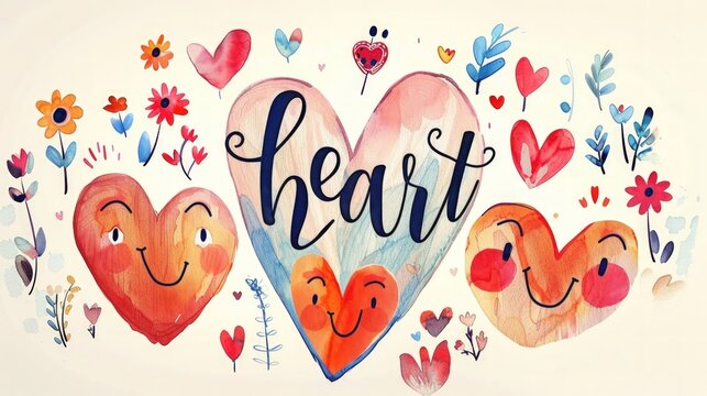 A colorful and whimsical watercolor illustration featuring hearts and flowers with the word "heart" written in the center