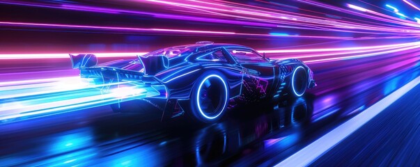 Futuristic neon sports car in motion