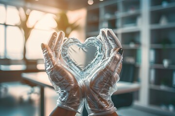 An elegant, close-up shot of a pair of hands holding a heart-shaped figure made out of safety equipment materials, including gloves and reflective fabric, against the backdrop of a modern office space