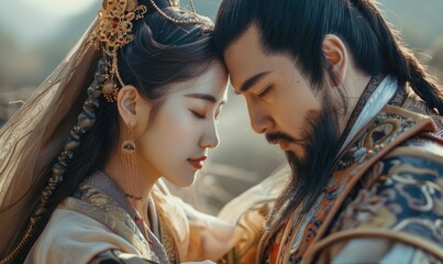 Traditional Asian love couple in period costumes