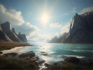 Tranquil digital art of a coastal landscape with sunlit mountains offering peace and escapism