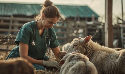 Woman veterinarian caring for a sheep in a farm. - obrazy, fototapety, plakaty