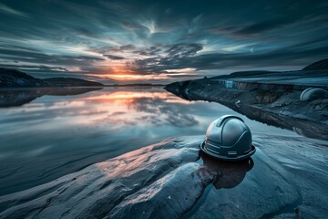 An evocative image of a worker helmet placed at the edge of a serene lake, reflecting the early morning sky on International Labour Day. The helmet, a steadfast symbol of labor’s safety and health - obrazy, fototapety, plakaty