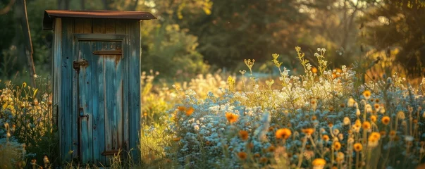 Fotobehang Rustic outhouse in a vibrant wildflower field © Daniela