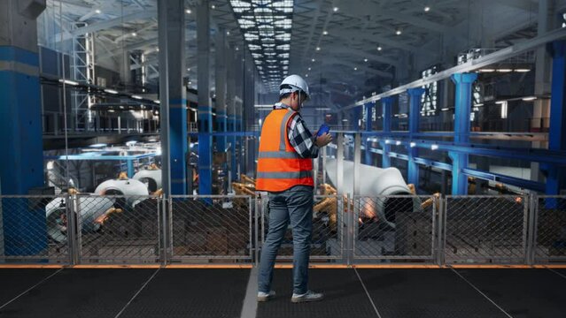 Full Body Back View Of Asian Male Engineer With Safety Helmet Working On Smartphone With Wind Turbine Blueprint In Factory of Wind Turbines While Robotic Arm Working