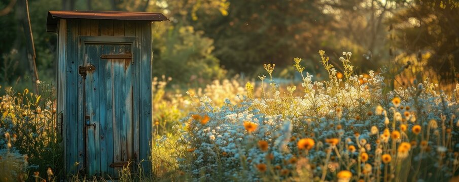 Rustic outhouse in a vibrant wildflower field