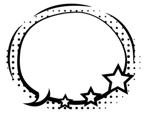 Dynamic speech bubble in black and white, adorned with stars, suggesting excitement or an exclamation
