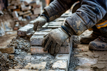 a skilled mason meticulously laying bricks and stones for a unique architectural project on-site