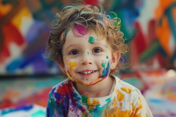 Creative child covered in colorful paint Showcasing the joy and messiness of artistic expression in a bright Engaging environment