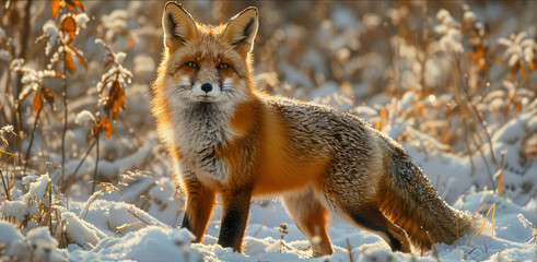 Charming red fox exploring a snowy woodland lands