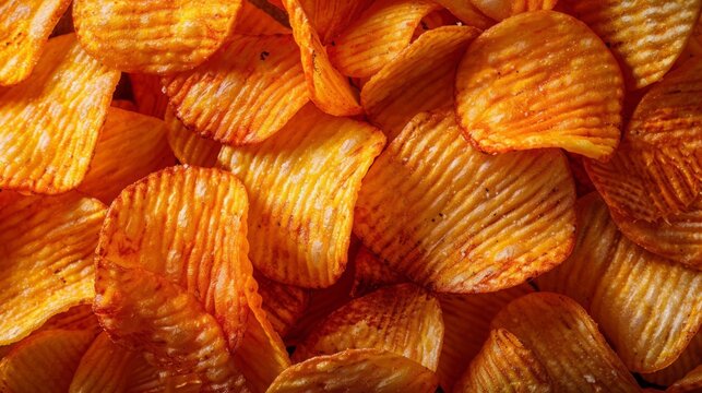 The background of a pile of golden crispy potato chips from a top-down perspective shows off the crunch and spiciness of the snack. It invites viewers to indulge their taste buds.