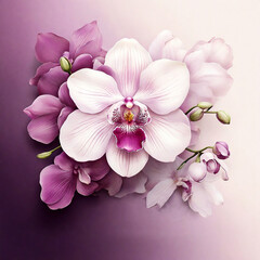  orchid flowers. watercolor illustration with splashes and white background.	
