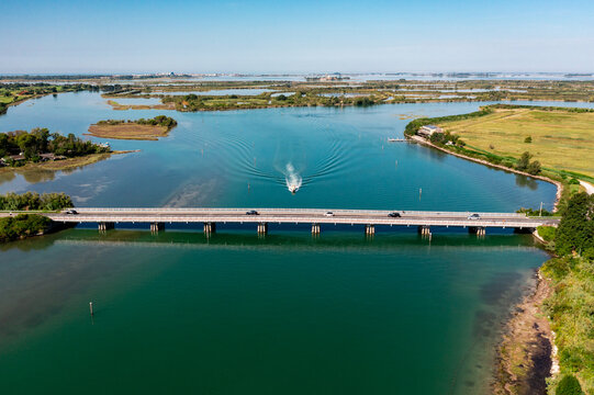 Aerial view of a bridge joining two islands in the sea