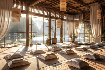  a wellness retreat center with meditation spaces, promoting relaxation and mental well-being - obrazy, fototapety, plakaty