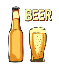 Beer glass and bottle with beer hand drawn text. Flat vector illustration isolated on transparent background. Oktoberfest design elements. Restaurant, bar, pub menu illustration.