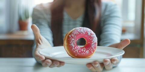 Chocolate donut on a white plate. Asian young woman is holding a plate with a donut.