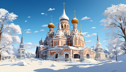 Orthodox church in Omsk blue sky in the winter Traveling destination Historical religious area.  - obrazy, fototapety, plakaty