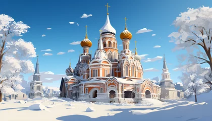 Fotobehang Orthodox church in Omsk blue sky in the winter Traveling destination Historical religious area.  © Samra