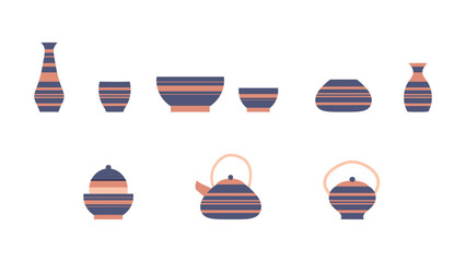 Set of striped dishes in oriental style for interior decoration. Vintage Japanese vases, a set of bowls. Colored flat graphic vector illustration isolated on a white background, icons in a flat style