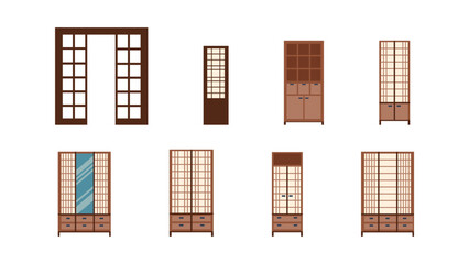 set of Asian-style cabinets, a collection of cabinets for an oriental Japanese interior, isolated on a white background, icons in a flat style.