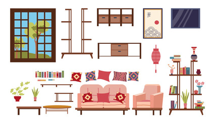 Set of furniture and decor for the living room in an Asian style, a collection for an oriental Japanese interior, icons in a flat style