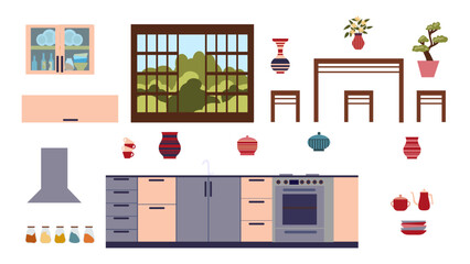 set of furniture and decor for an Asian-style kitchen, a collection for an oriental Japanese interior is isolated on a white background.