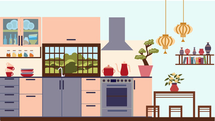 The interior of a modern kitchen with a window above the sink, made in Japanese style. The illustration is made in a flat style.