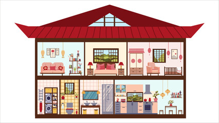 House inside interior in cut. Japanese-style dollhouse. Rooms with furniture: kitchen, bathroom, living room, children's room and laundry, bedroom. Vector flat illustration.