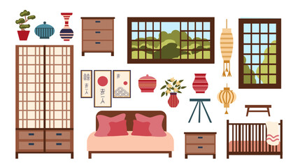 Set of furniture for a bedroom with a large bed and a cot in Asian style, a collection for an oriental Japanese interior, isolated on a white background, icons in a flat style