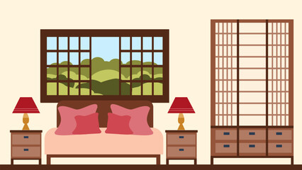 The interior of a modern cozy bedroom with a window above the bed and two bedside tables, made in Japanese style. The illustration is made in a flat style.