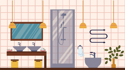 The interior of a modern bathroom with a bidet and a Japanese-style shower cabin. The illustration is in a flat style.