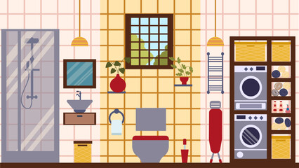 The interior of a modern bathroom, toilet and laundry room, made in Japanese style. The illustration is in a flat style.