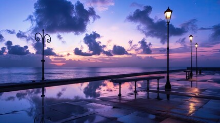Purple and Magenta Landscape with Bench and Lamppost - A Dreamy and Romantic Image.