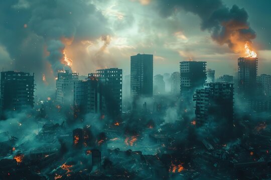 Post-apocalyptic urban landscape Desolate buildings engulfed by fire and smoke