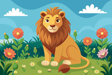 the  lion is sitting in the flowers vector illustration 