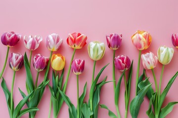 Fototapeta premium Spring tulips arranged in a vibrant flat lay on a pink background Symbolizing renewal and beauty