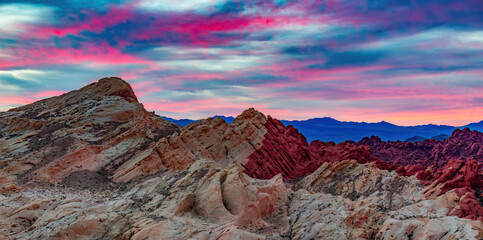 Dramatic Sunrise over rocky landscape terrain. Valley of Fire, Nevada, United States