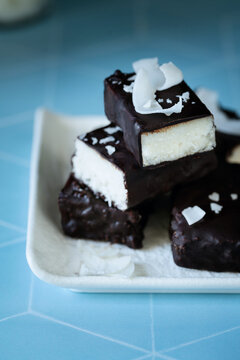 Healthy Raw Coconut Bars. Made from coconut shreds and carob.
