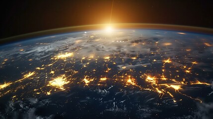 panoramic view on planet earth globe from space glowing city lights light clouds  - obrazy, fototapety, plakaty