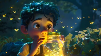 Obraz na płótnie Canvas With a curious tilt of the head, the cartoon character examines a jar filled with fireflies, their gentle glow illuminating its face.