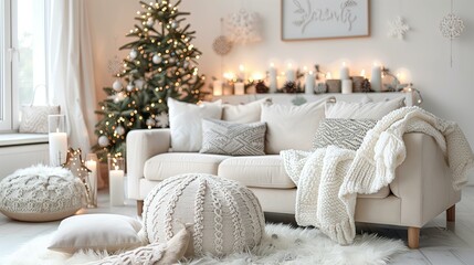 stylish christmas scandinavian minimalistic interior with white decor 